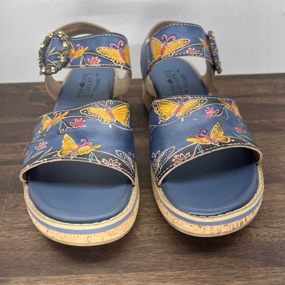 L'Artiste Spring Step Butterfly Cork Wedge Sandals 41 Blue Floral Buckle Kenna - Picture 9 of 11